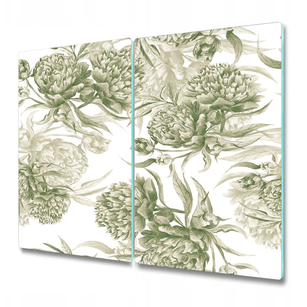 Glass Worktop Kitchen Chopping Board Green Peonies Bright Botanical Drawing