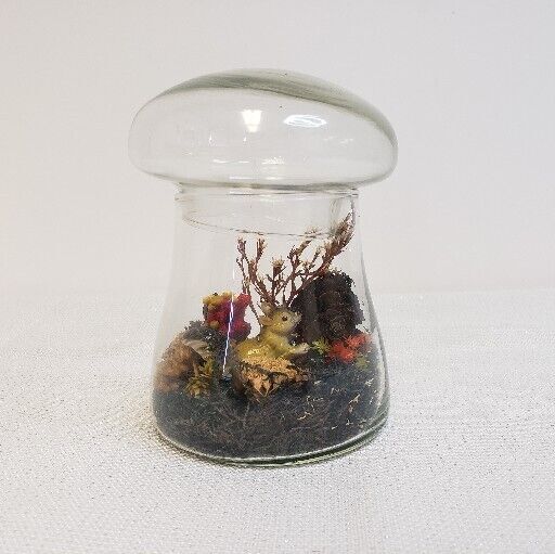 Vintage MCM Glass Mushroom Terrarium Jar for Dried Flowers Squirrel Garden Decor