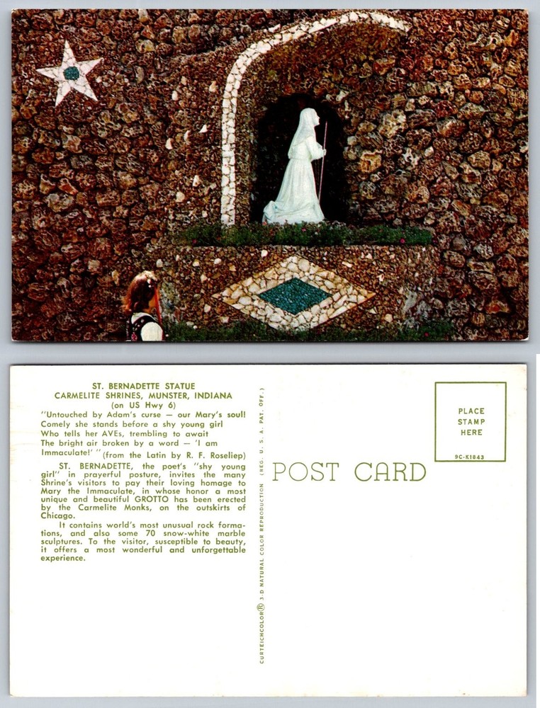 Munster Indiana Carmelite Shrines St. Bernadette Grotto Postcard 1959