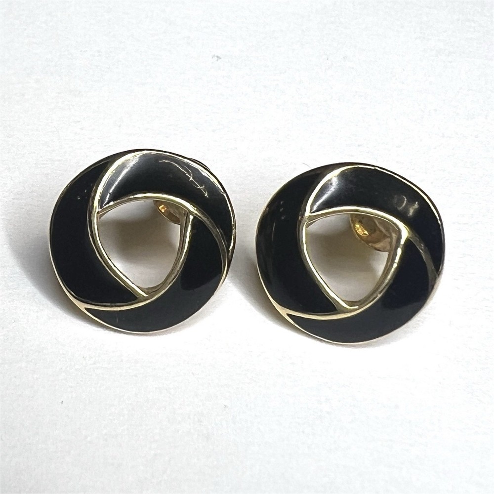 Vintage Trifari Black Enamel Gold Tone Knot Stud Earrings Signed