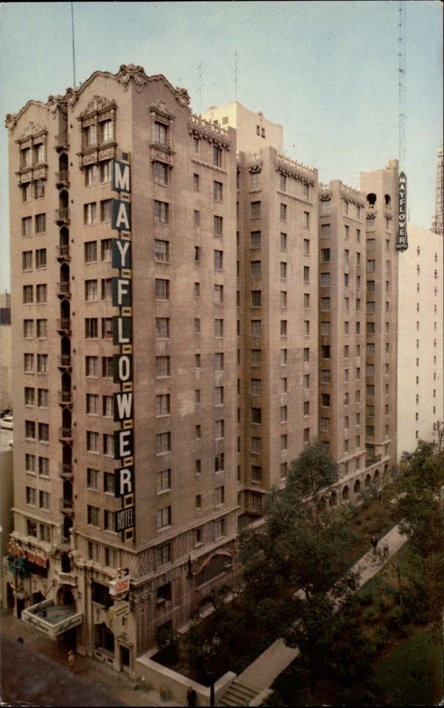 Mayflower Hotel & Library Park ~ Los Angeles California ~ unused 1950s postcard