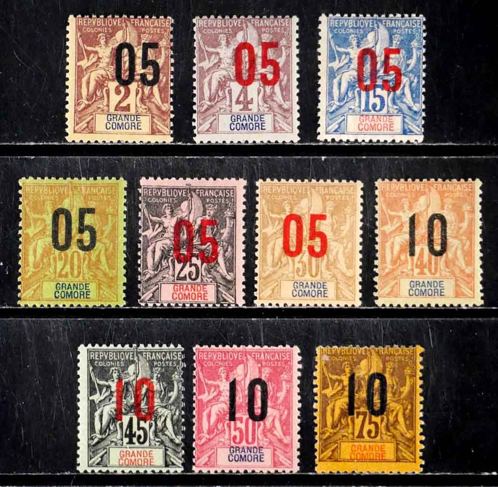 Grand Comoro, France: 1912 Classic Stamps Unused Surcharge Set Sct#20-29 Sound