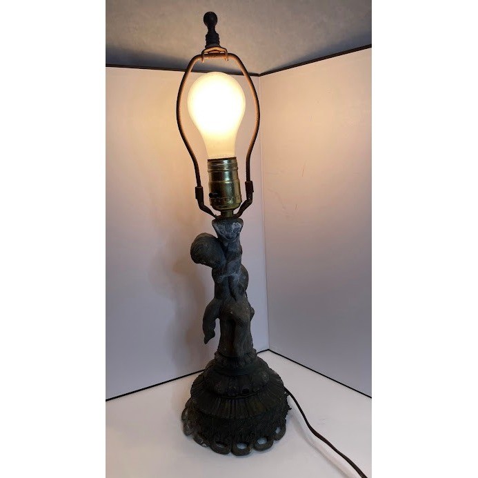 Vintage Cherub Putti Table Lamp Ornate Cast Metal Antique Bronze Finish Figural