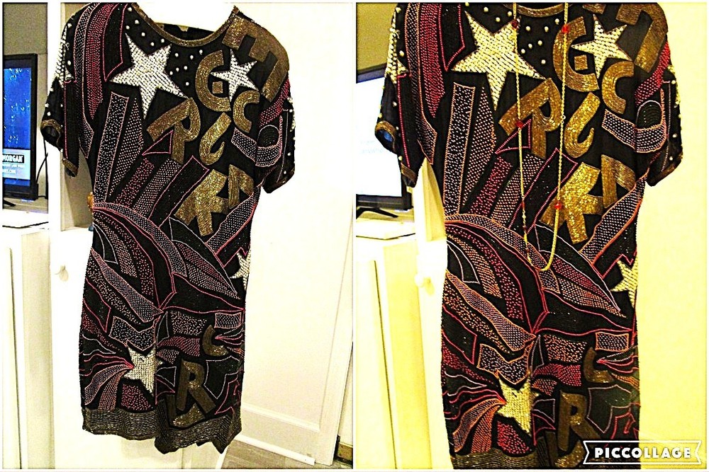 Vintage Party Dress 80s:  Shooting Rock Star Graffiti Art Abstract Sequin Beaded-image
