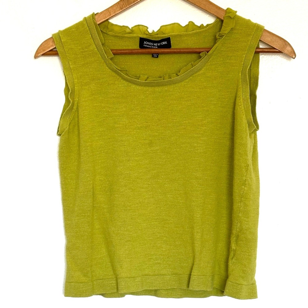 Jones New York Womens Medium Green Linen Blend Ruffled Crop Top