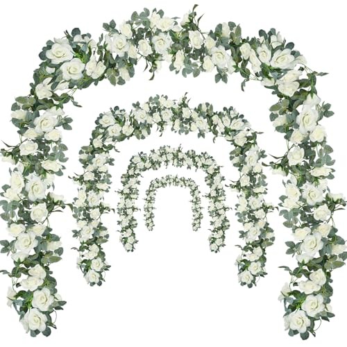 Flower Garland Rose Vine 4Pcs 28FT Artificial Floral Garland with Green White