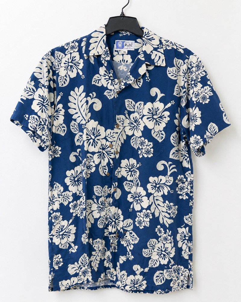 RJC Hawaiian Navy Blue White Floral Print Cotton Button Up Camp Shirt Mens XL