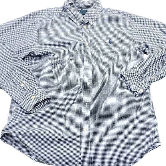 Ralph Lauren Mens XL Blue White Gingham Check Cotton Button Down Shirt Long
