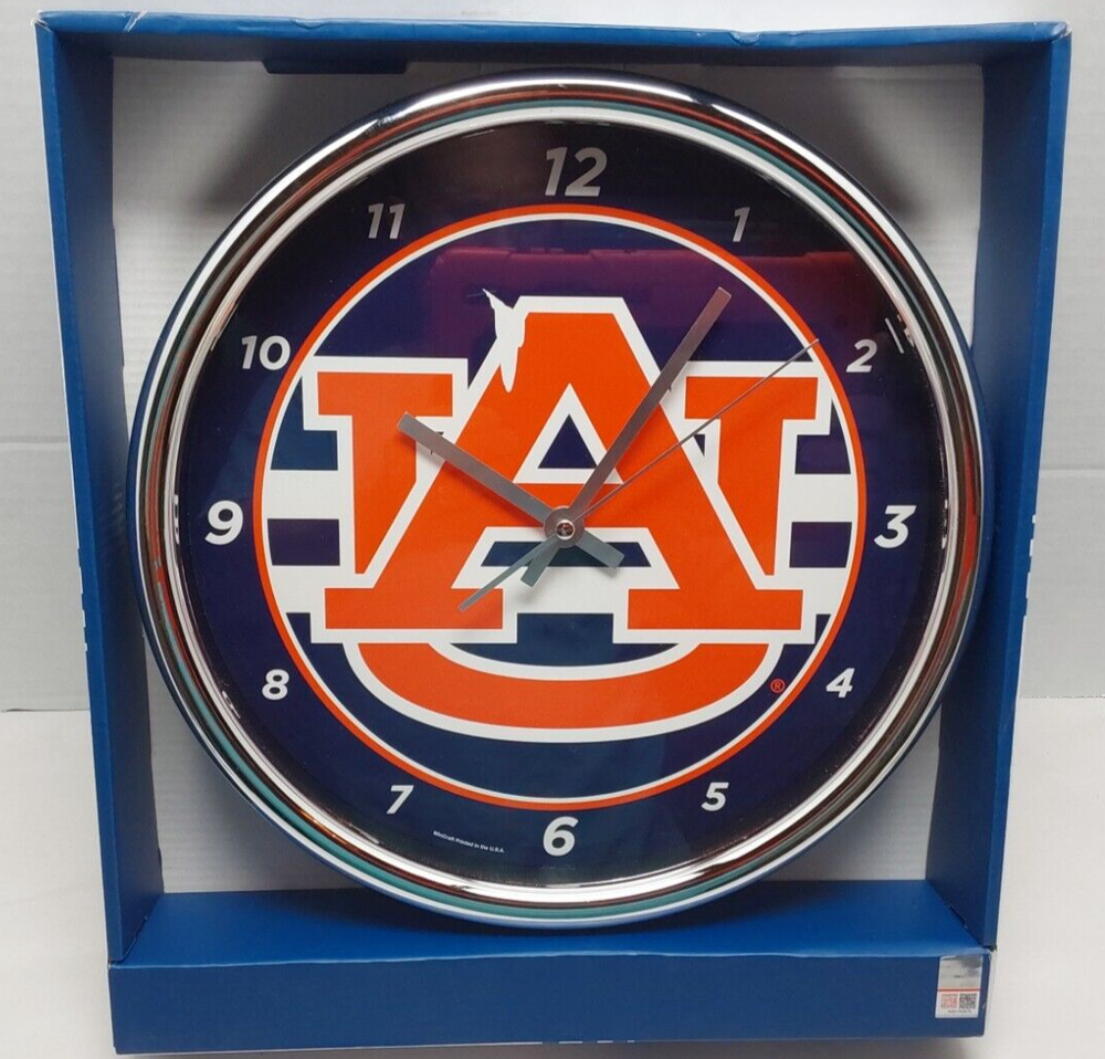 Auburn Tigers NCAA Chrome Round Wall Clock with Banner New in Box  