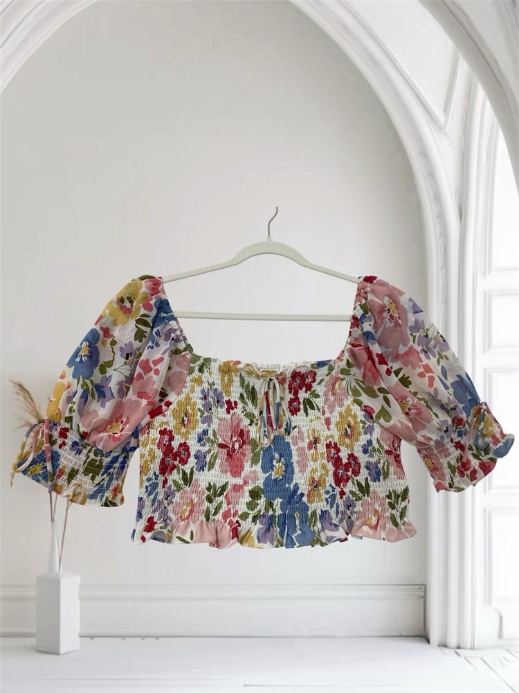 Arula Womens Floral Smocked Crop Top Size A 1X Puff Sleeve Summer Chic