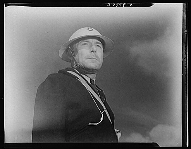 Photo:Civilian Defense United States 1940s Air Raid Warden Helmet Uniform
