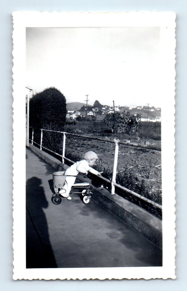Old Vintage Photo TODDLER BOY IN STROLLER LONG SHADOW ANTIQUE SNAPSHOT
