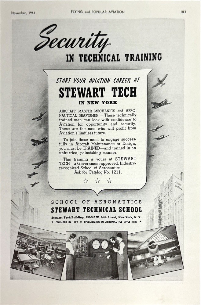 Stewart Technical School of Aeronautics, Aviation, NY Vintage Print Ad 1941