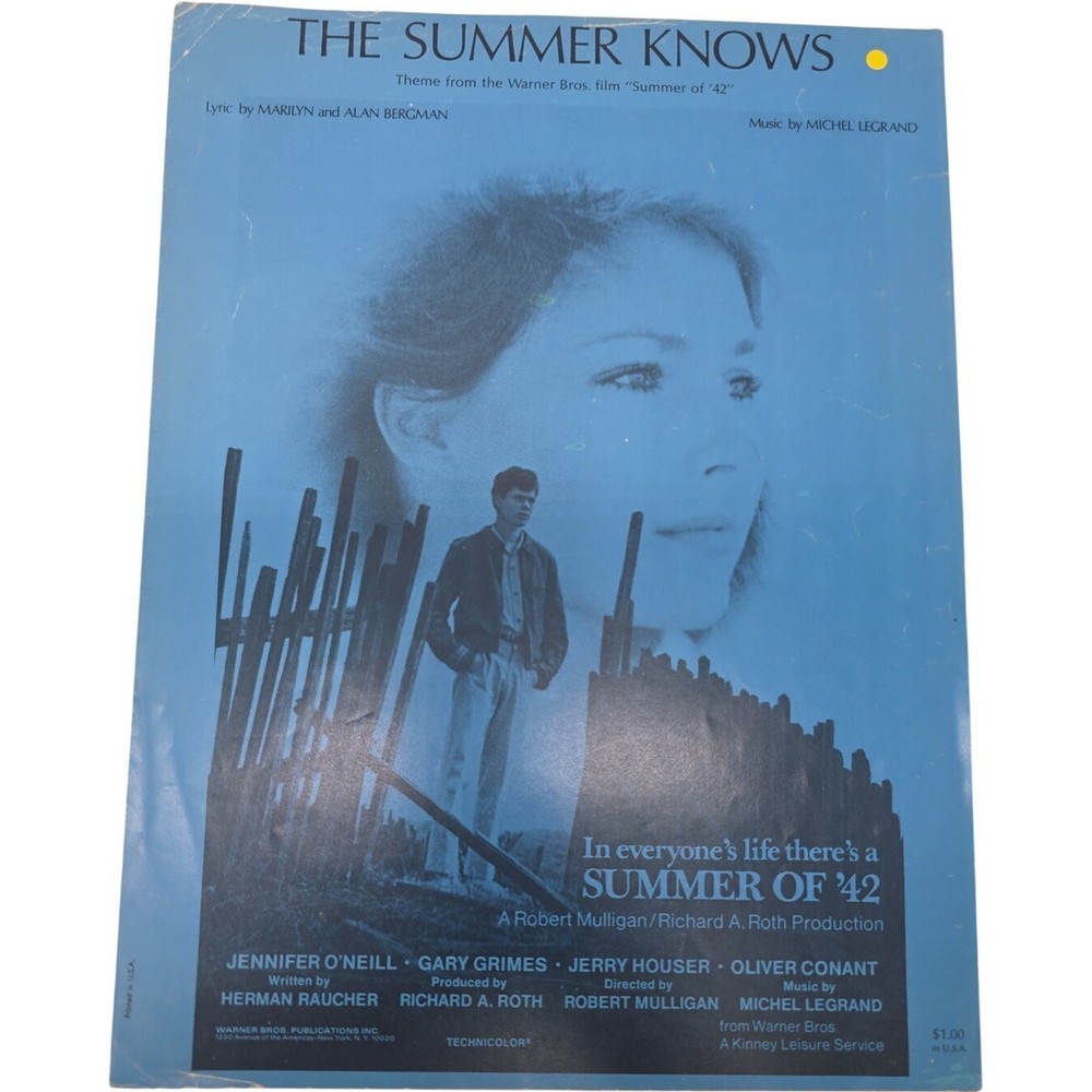The Summer Knows Theme from Warner Bros Movie Summer of '42 Vintage Sheet Music