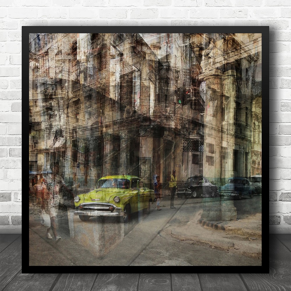 Multiple Exposure Busy Street Green Car Building Square Wall Art Print