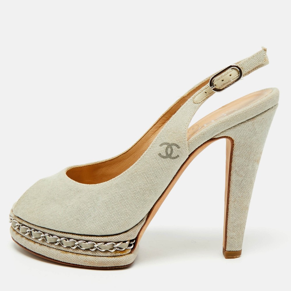 Chanel Grey Canvas Peep Toe Slingback Platform Sandals EU 37.5