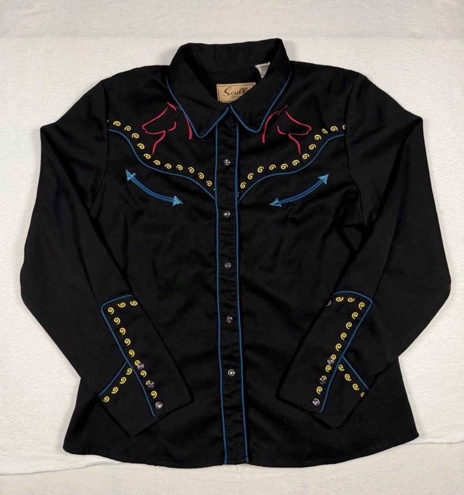 Scully Embroidered Western Shirt Womens Large Pearl Snaps Black Horse Cowgirl