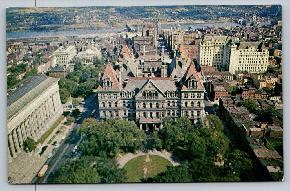 Vintage Albany NY Aerial View Postcard Featuring State Capitol & Hudson River