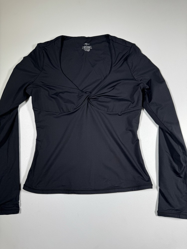 QINSEN Womens Long Sleeve Twist Front V Neck T Shirts Double Lined Slim Sz M