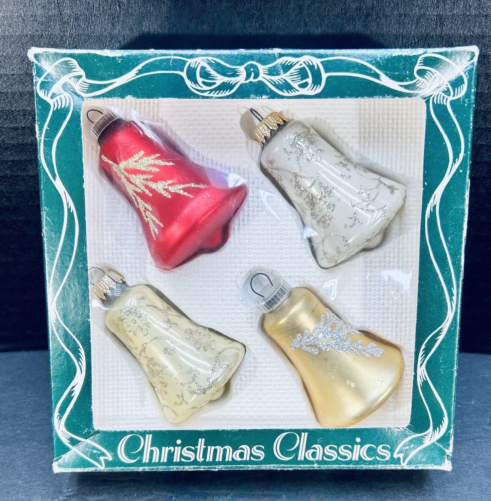 Set of 4 Vintage Christmas Classics by Krebs Bell Glass Ornaments Hand Decorated