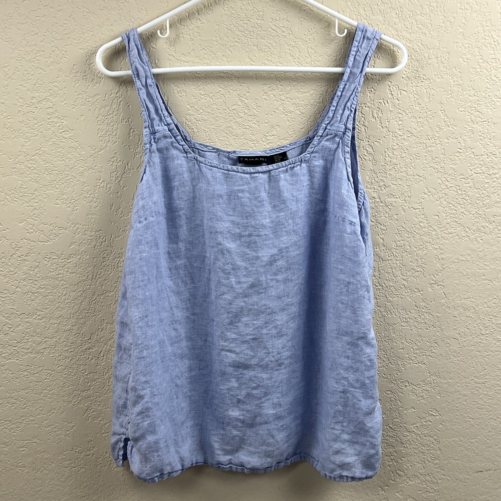 Tahari Tank Womens Medium 100% Hemp Blue Sleeveless Lightweight Beach Lagenlook