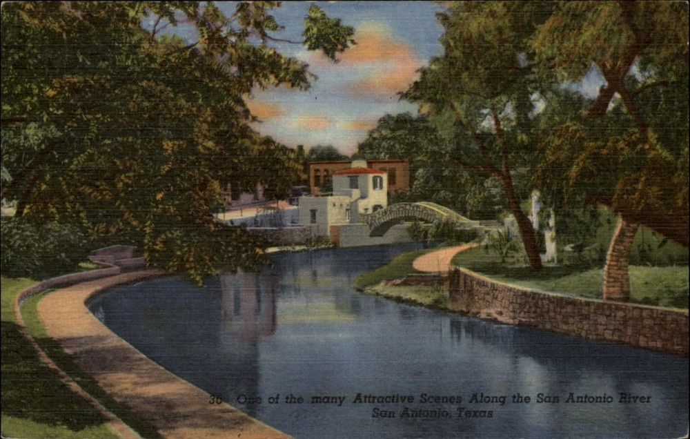 San Antonio Texas River scenic view house bridge unused vintage linen postcard