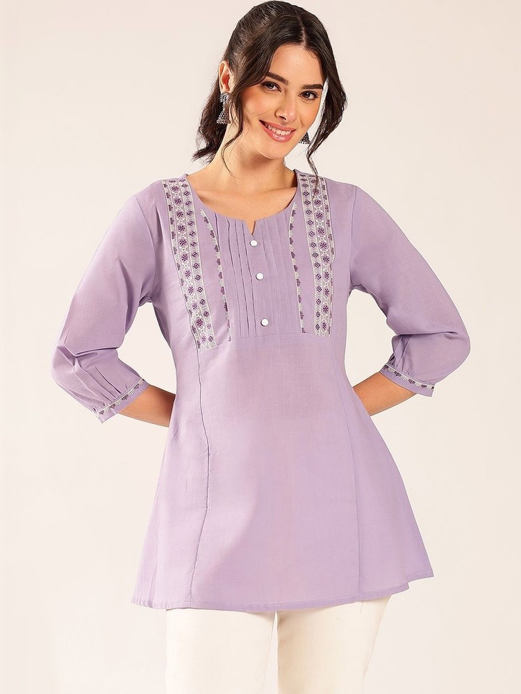 Indian Women Lavender Cotton Embellished Embroidered Kurta Kurti Top Tunic Dress