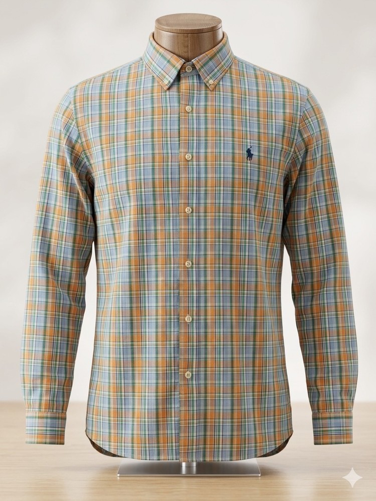 Polo Ralph Lauren Boys Shirt XL 18-20 Plaid Button Down Long Sleeve Orange Green