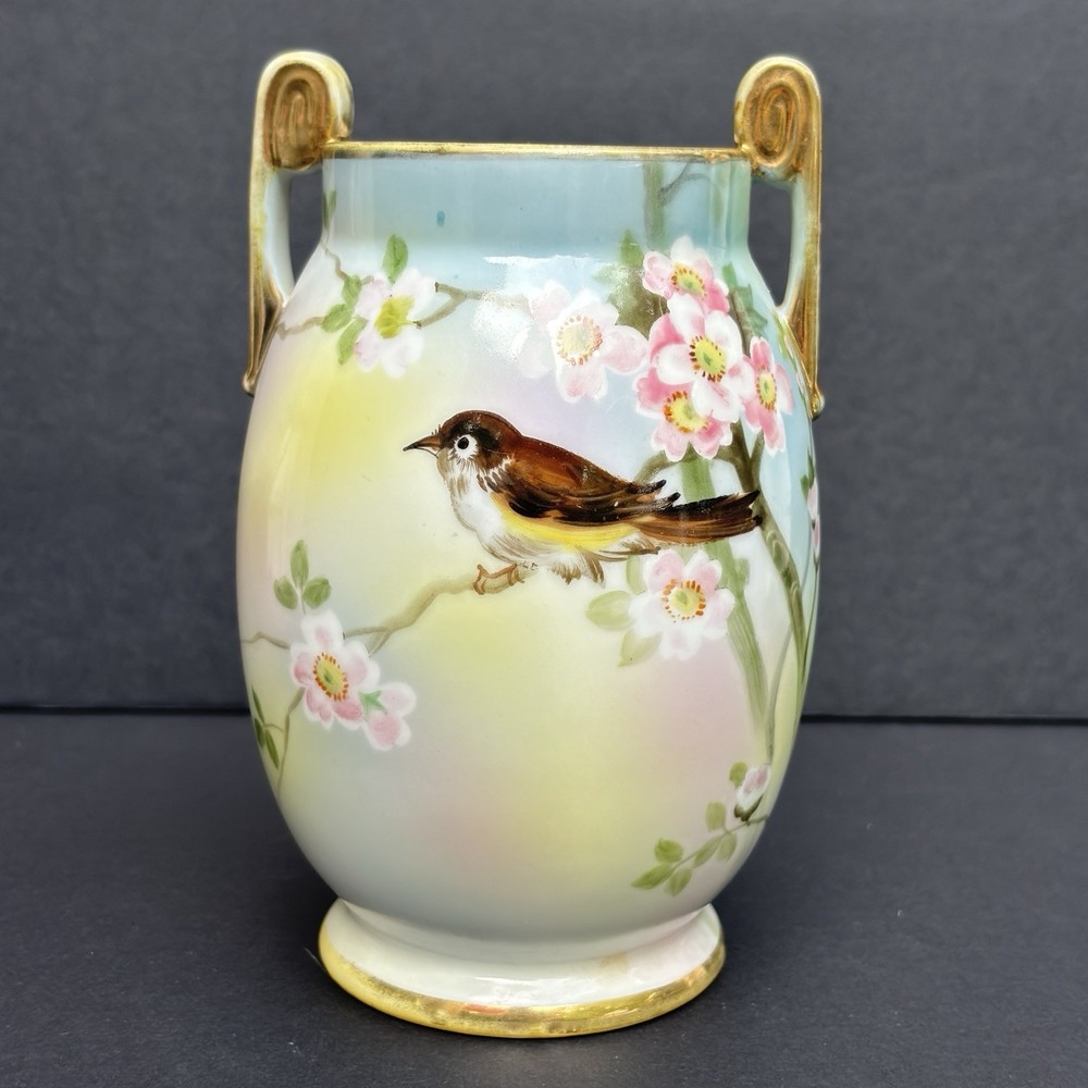 Nippon Hand Painted Vase Bird On Cherry Blossoms Gold Gilt Made in Japan Antique