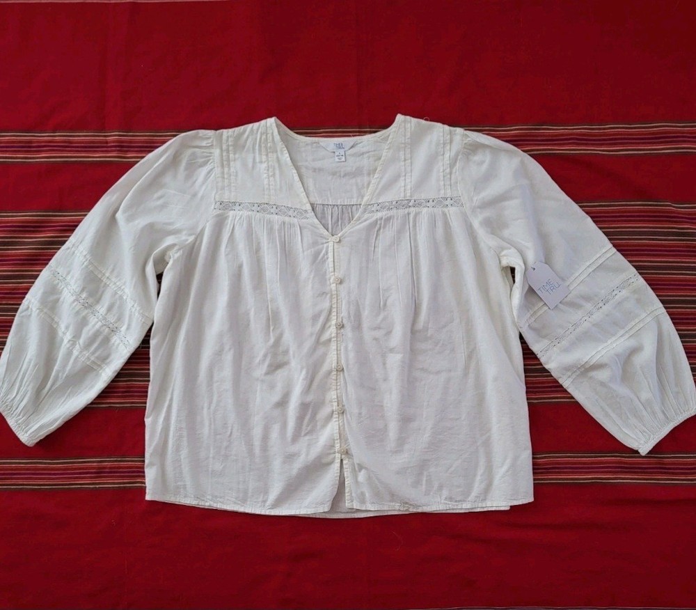 NWT Long-sleeved Off White Boho Peasent Blouse Women's Size Large Cotton Viscose