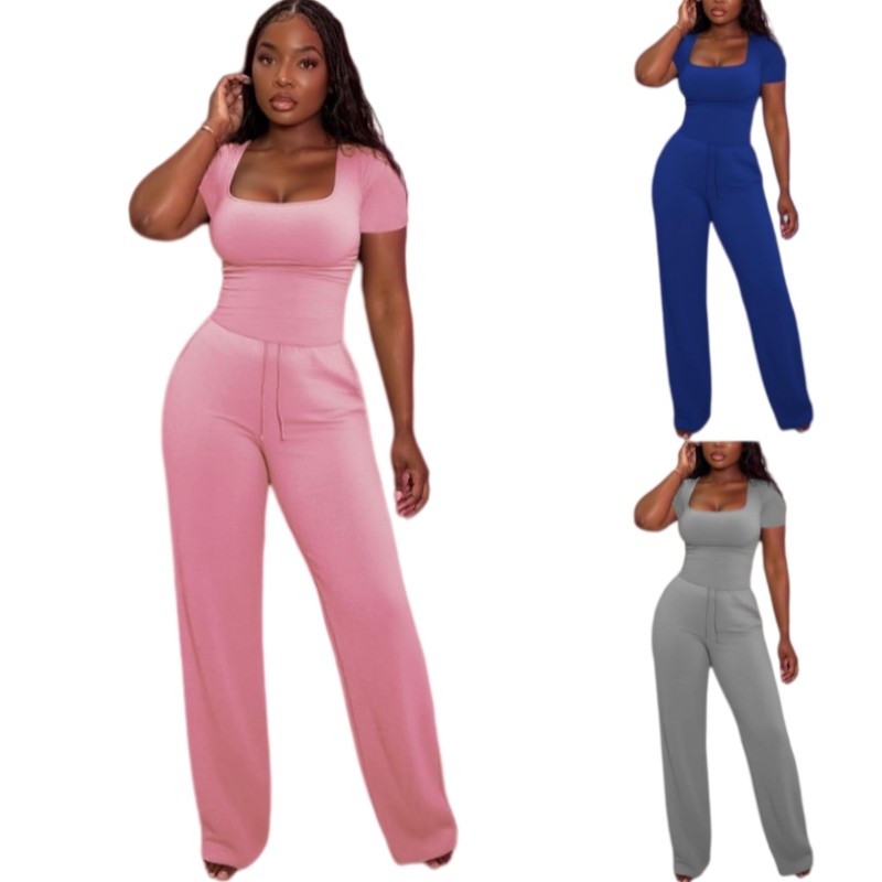 Womens 2Pcs Outfits Square Neck Short Sleeve Top Wide Leg Pants Tracksuit Sets