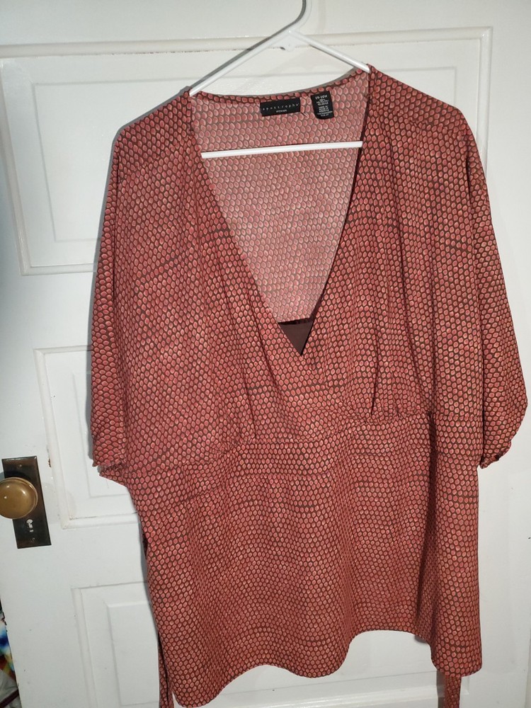 Apostrophe Womens Red Black Short Sleeve Loose Tie Back Blouse 24-26W