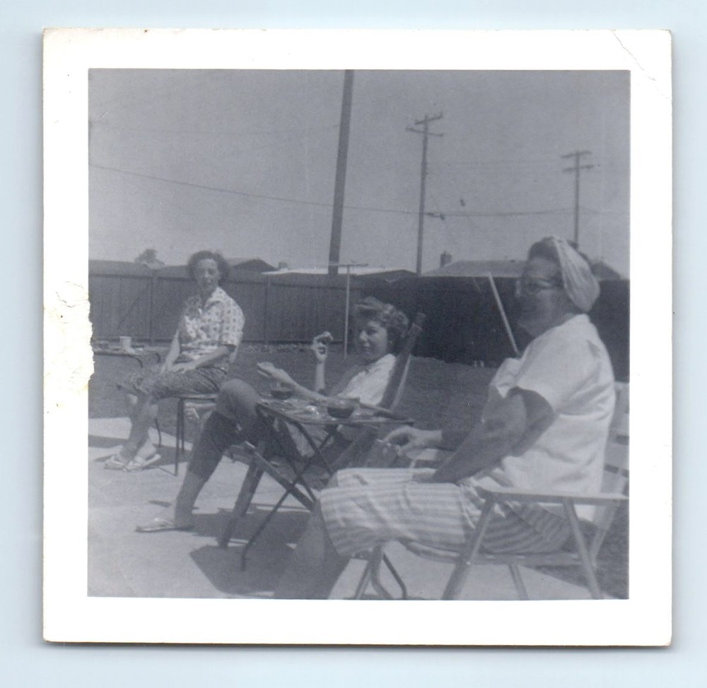 Old Vintage Square Photo TRIO WOMEN THREE GRACES SITTING IN YARD SNAPSHOT