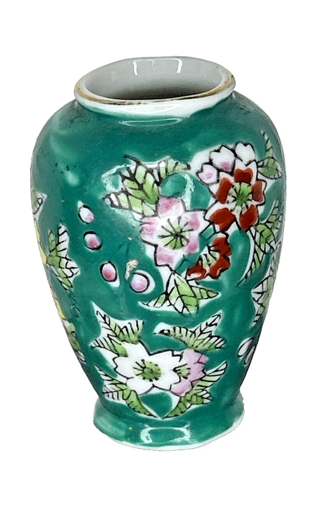 Vintage Miniature Hand Painted Green Floral Vase 2.5” Tall ~ Japan