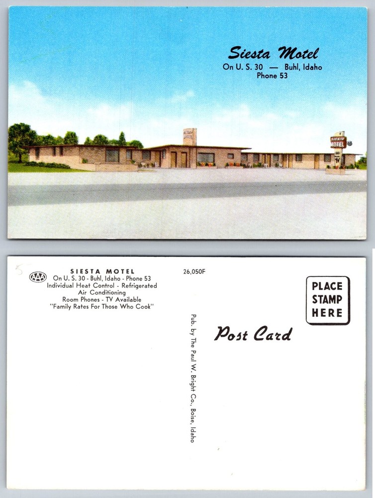Vintage Siesta Motel Buhl Idaho Postcard US 30 Mid-Century Roadside