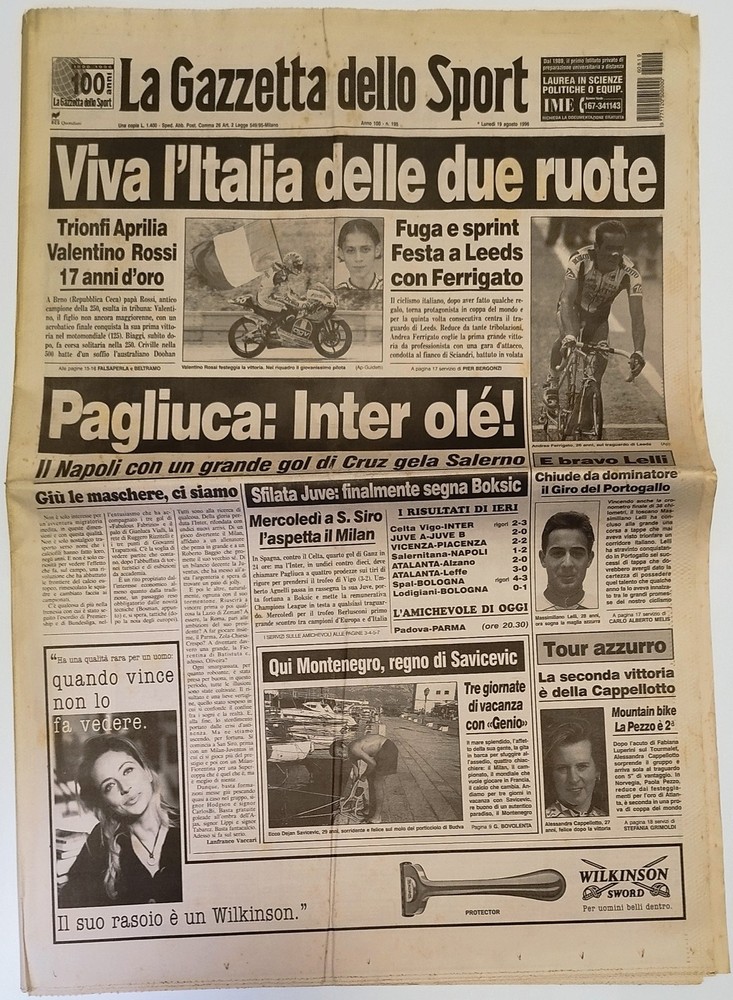 Gazzetta Sport 1996 19 Agosto Prima Vittoria Valentino Rossi Moto 125