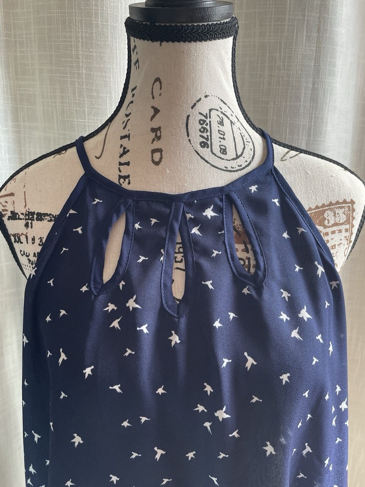 PAPERMOON Women's XL Navy Bird Print Keyhole Halter Sleeveless Tank Top Summer