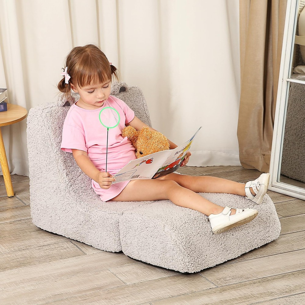 Cuddly Soft Toddler Couch with Cute Bear Ears, Kids Sherpa Lounge Sofa for Bo...