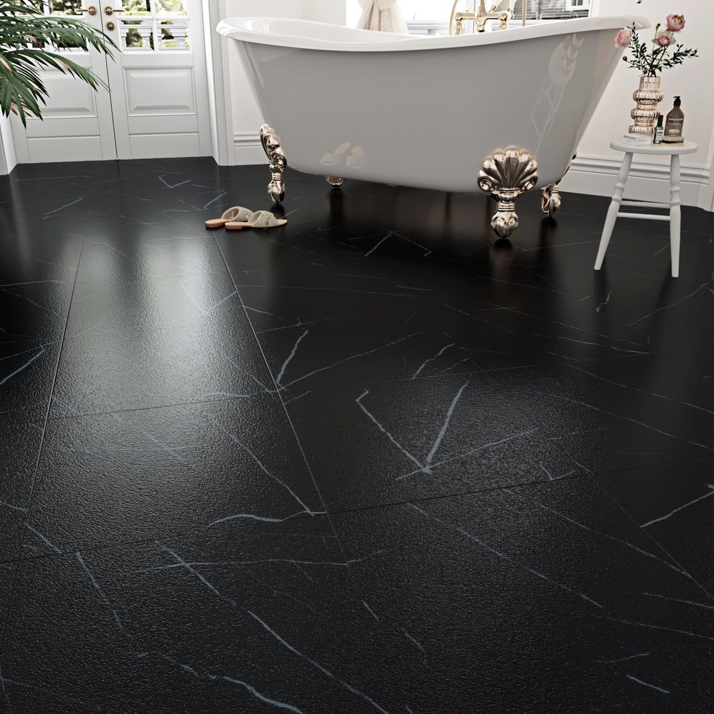 20 PCS Black Marble Peel & Stick Waterproof Bathroom Floor Tiles