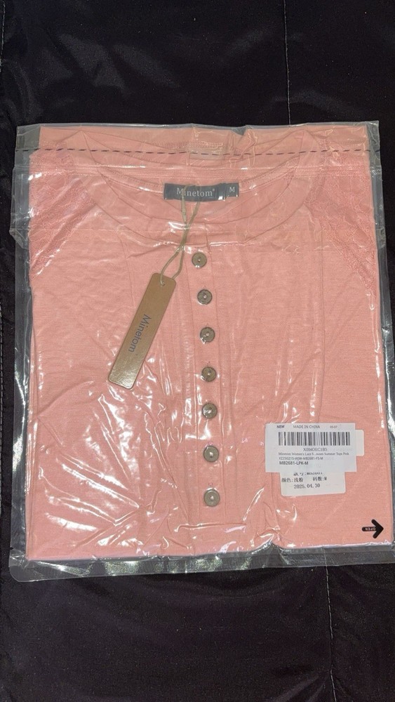 Minetom Pink Lace Button Short Sleeve Cotton Blouse Henley Knit Size M
