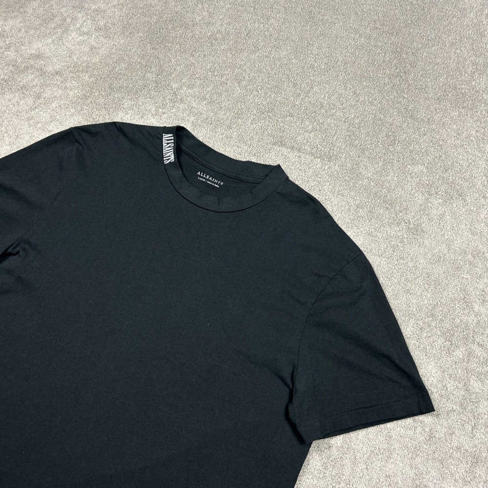 AllSaints Shirt Mens Large Black Crew Neck Short Sleeve Spell out Collar Cotton
