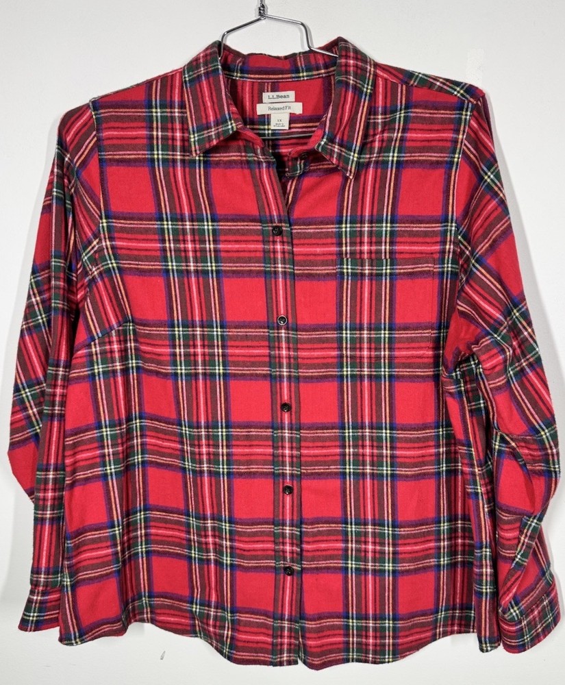 LL Bean Women's Tartan Plaid Flannel Button Up Shirt Blouse Size 1X Relaxed Fit