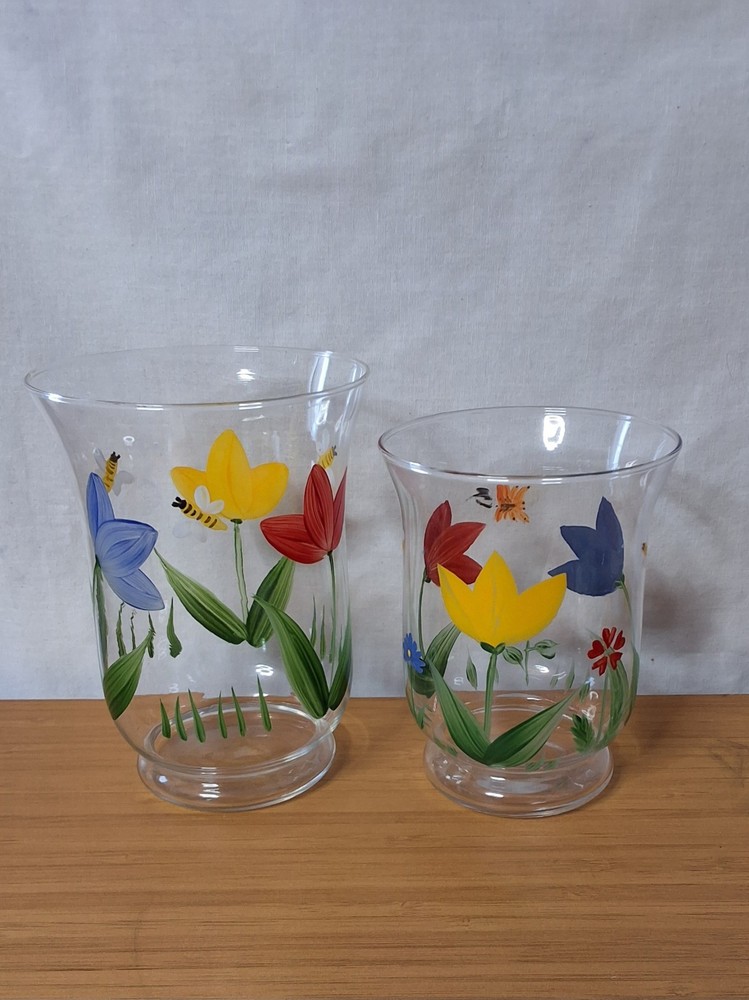Vintage Hallmark Hand-Painted Floral Glass Hurricane Candle Holders Set of 2