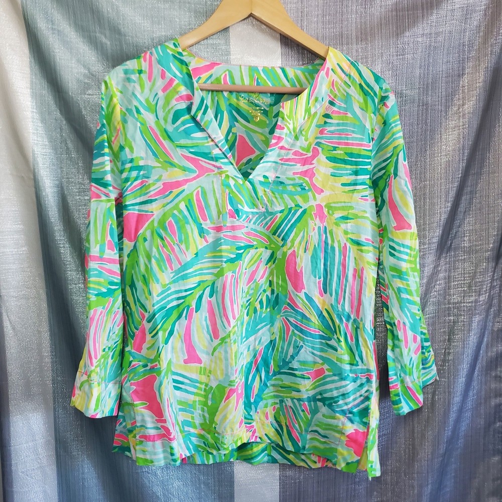 Lilly Pulitzer Womens Pink Green Tropical Palm Cotton Tunic Top M Resort Cruise
