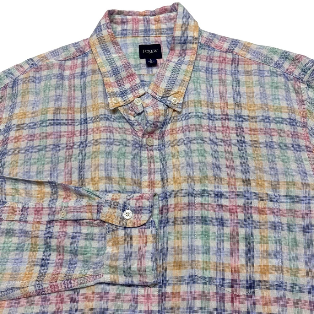 J Crew Shirt Mens Large Multicolor Linen Cotton Plaid Long Sleeve Casual Summer