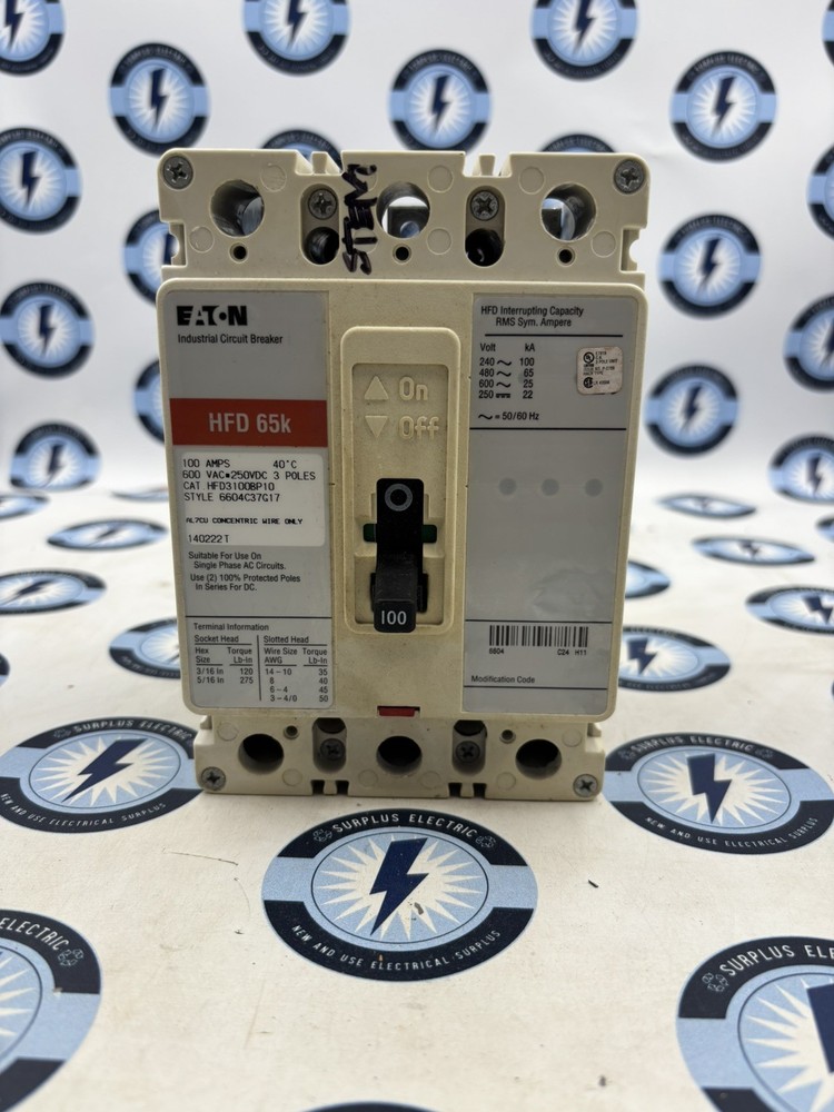 Eaton HFD3100 Circuit Breaker 100Amp 600V 3-Pole 65k-Rated