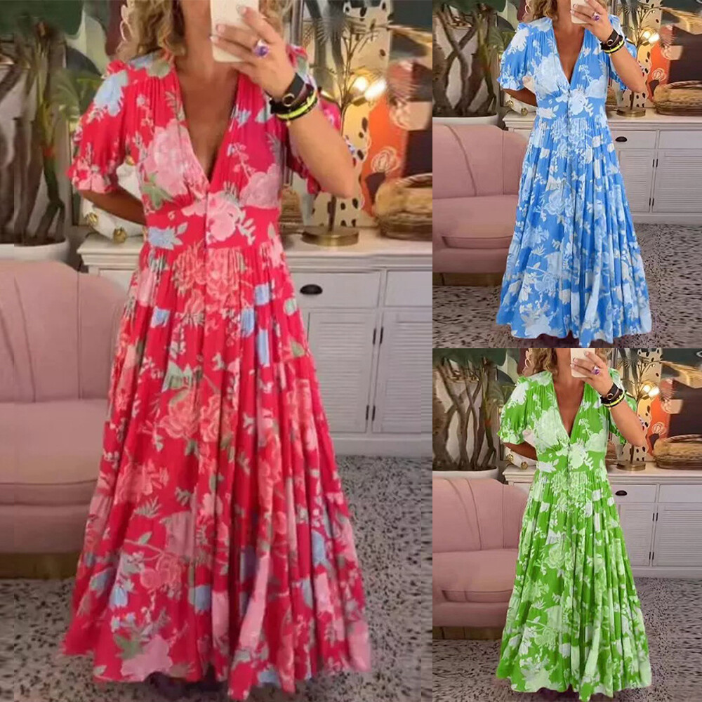 Women Long Dress Flower Printing V Neck Beach Plus Size French Style Fashion