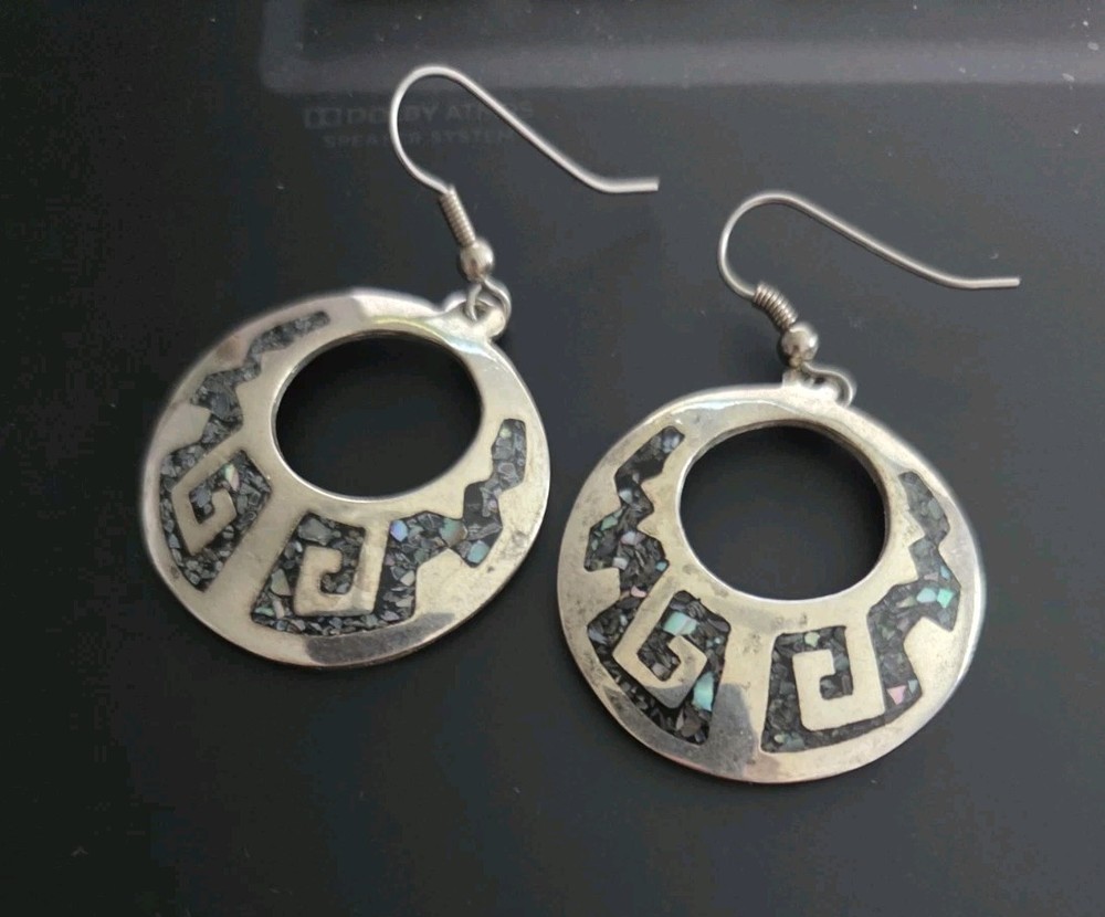 Vintage Alpaca Mexican Silver Abalone Earrings Pierced Dangle Aztec Pattern