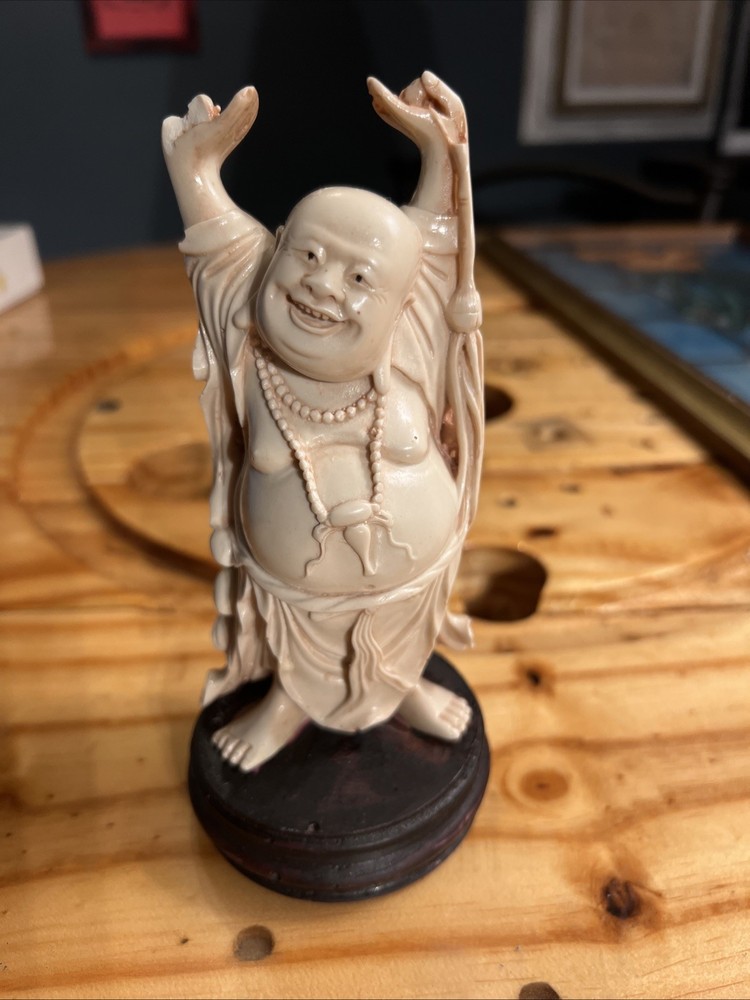 Vintage Laughing Buddha Statue w/Wood Base - Hand Carved - 7