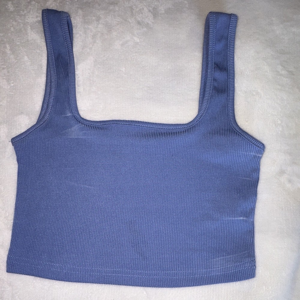 SheIn Blue Knit Solid Square Neck Wide Strap Cropped Tank Top S